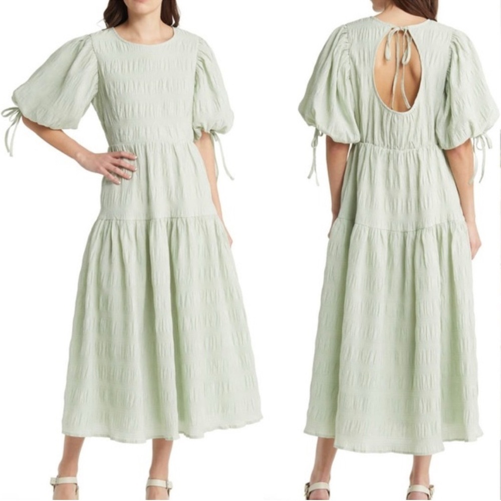 Moon River Light Sage Puff Sleeve Midi Dress